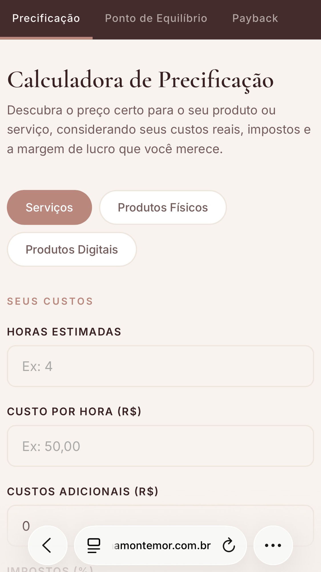 Calculadora do Kit Financeiro Estratégico aberta no celular